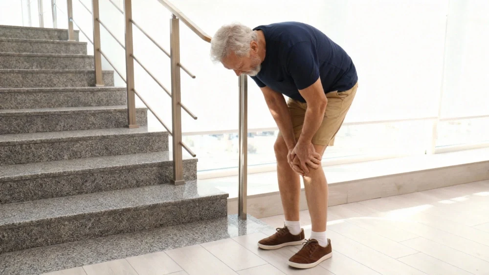Un hombre se sujeta la rodilla debido a un fuerte dolor.