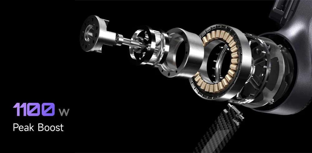 Vista explosionada del motor del exoesqueleto Ascentiz, que destaca sus componentes internos de precisión y un impulso máximo de 1100 W para una potencia de sprint instantánea.