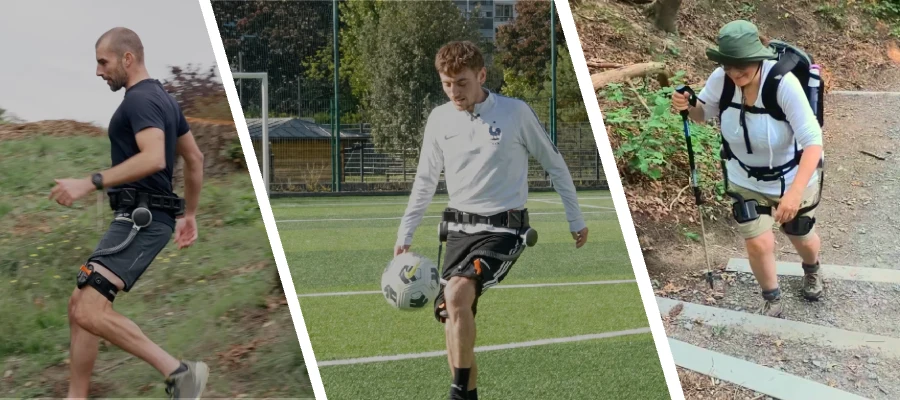 Diferentes escenarios que muestran a diferentes personas usando el exoesqueleto Ascentiz: correr, jugar fútbol y hacer senderismo.