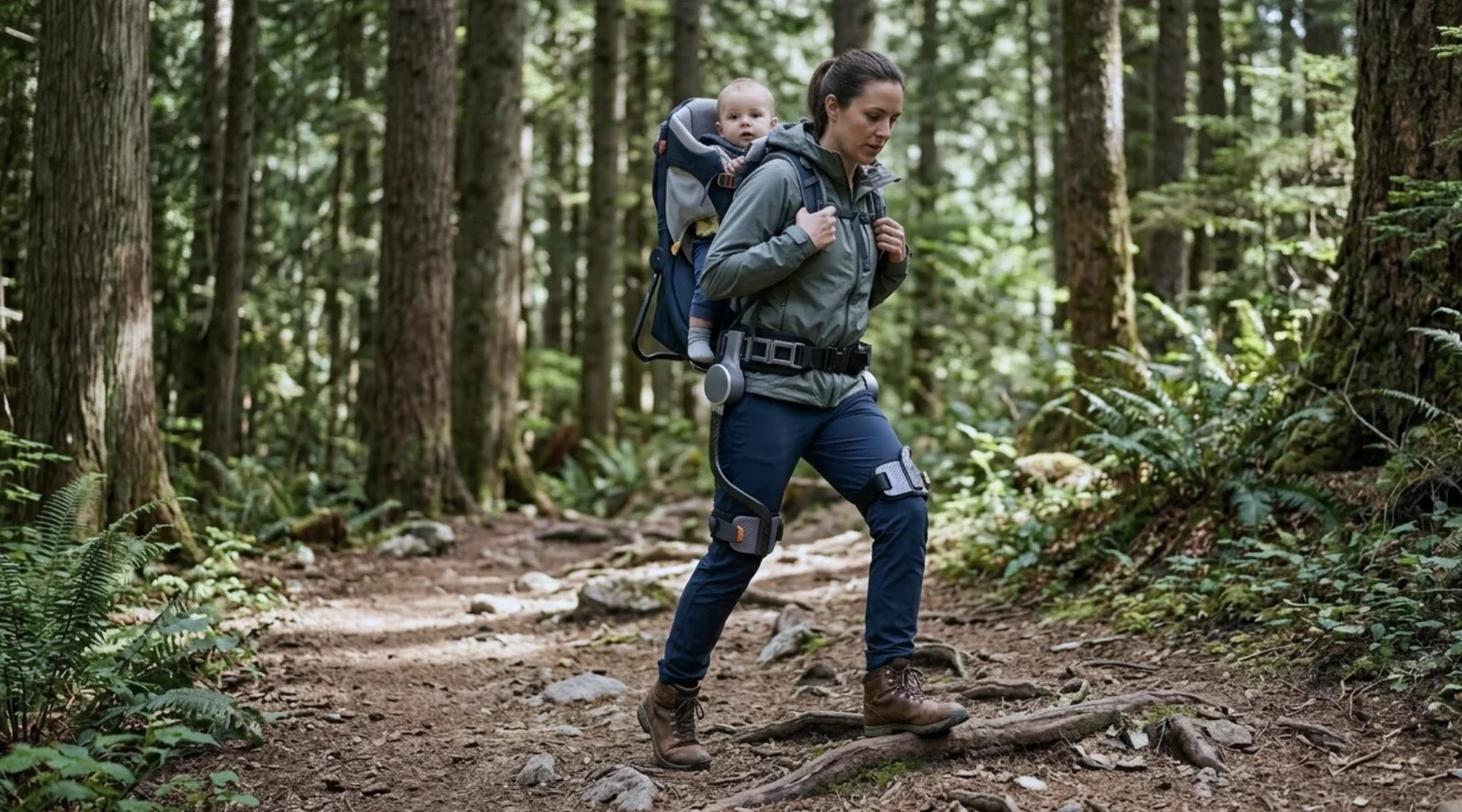 Una madre lleva a su bebé en la espalda y camina por el bosque mientras usa el exoesqueleto de cadera Ascentiz.