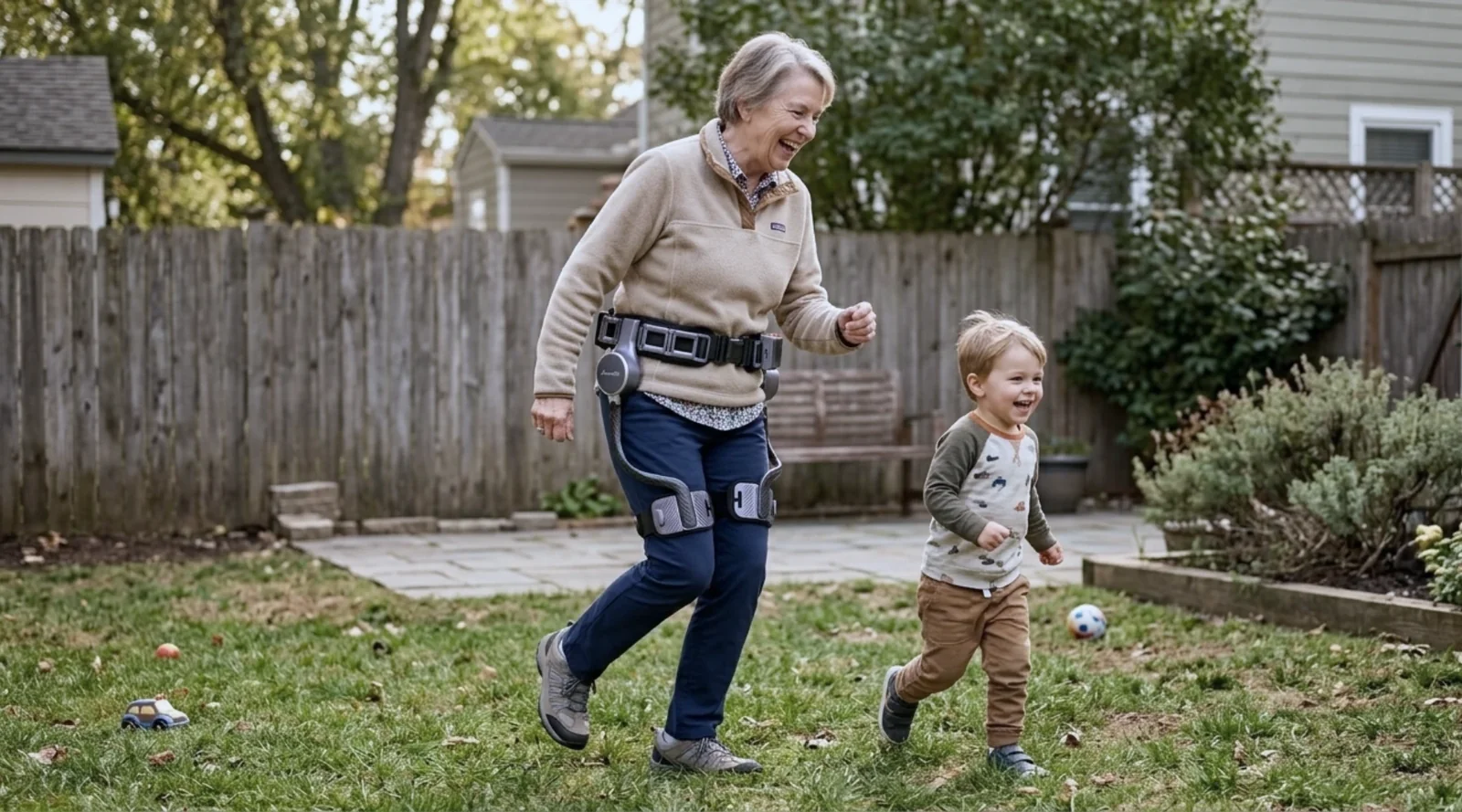 Una abuela mayor está jugando con su nieto mientras usa el exoesqueleto de cadera Ascentiz.