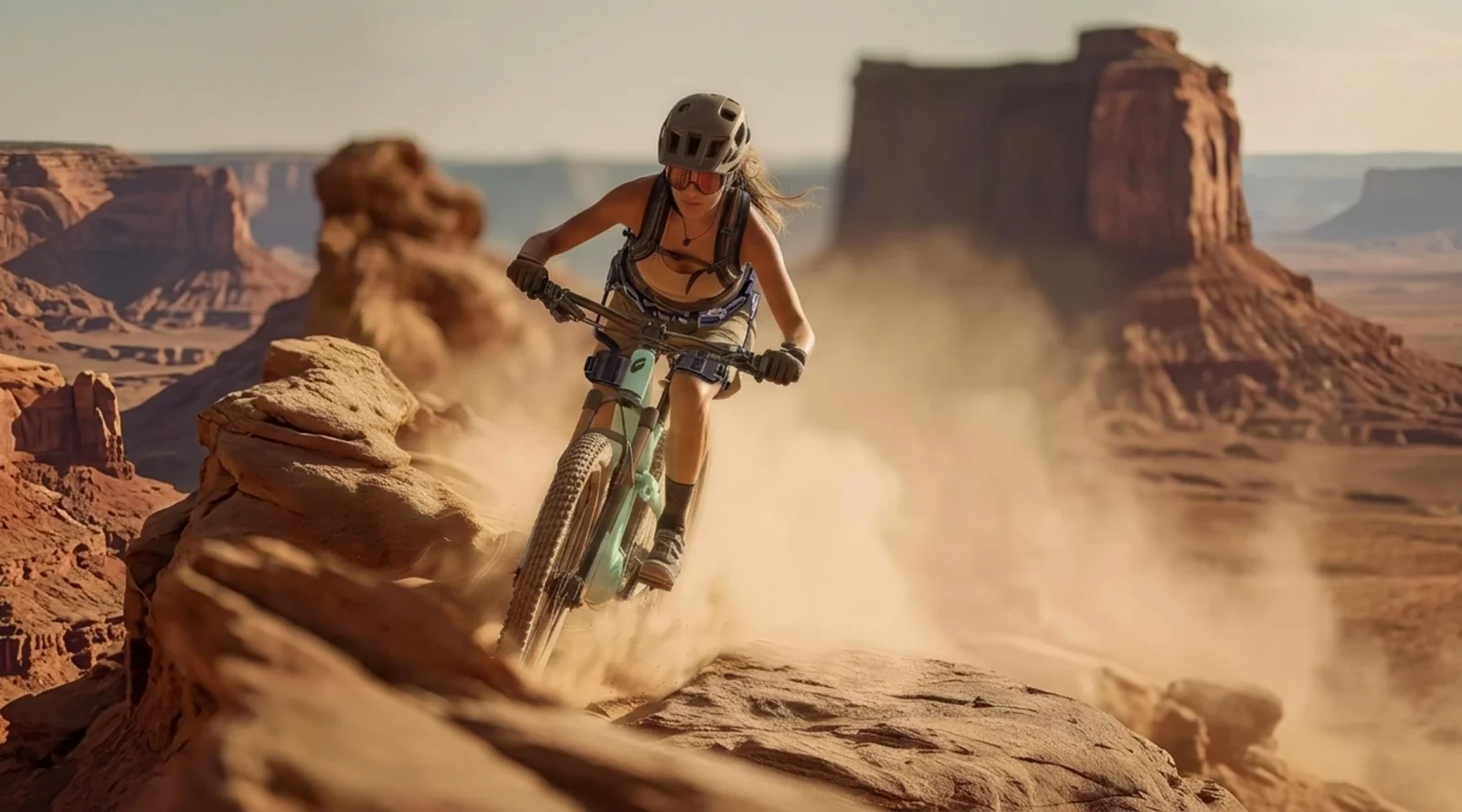 Mujer practicando ciclismo de montaña en un sendero rocoso con el exoesqueleto de cadera Ascentiz