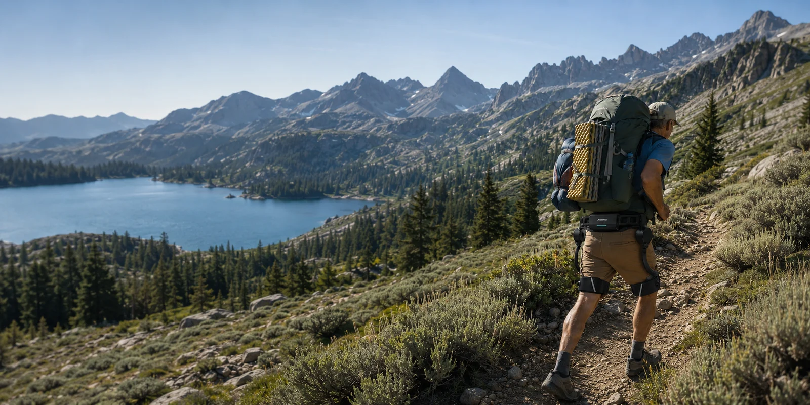 Mochilero con un exoesqueleto de cadera Ascentiz en un sendero rocoso sobre un lago alpino.