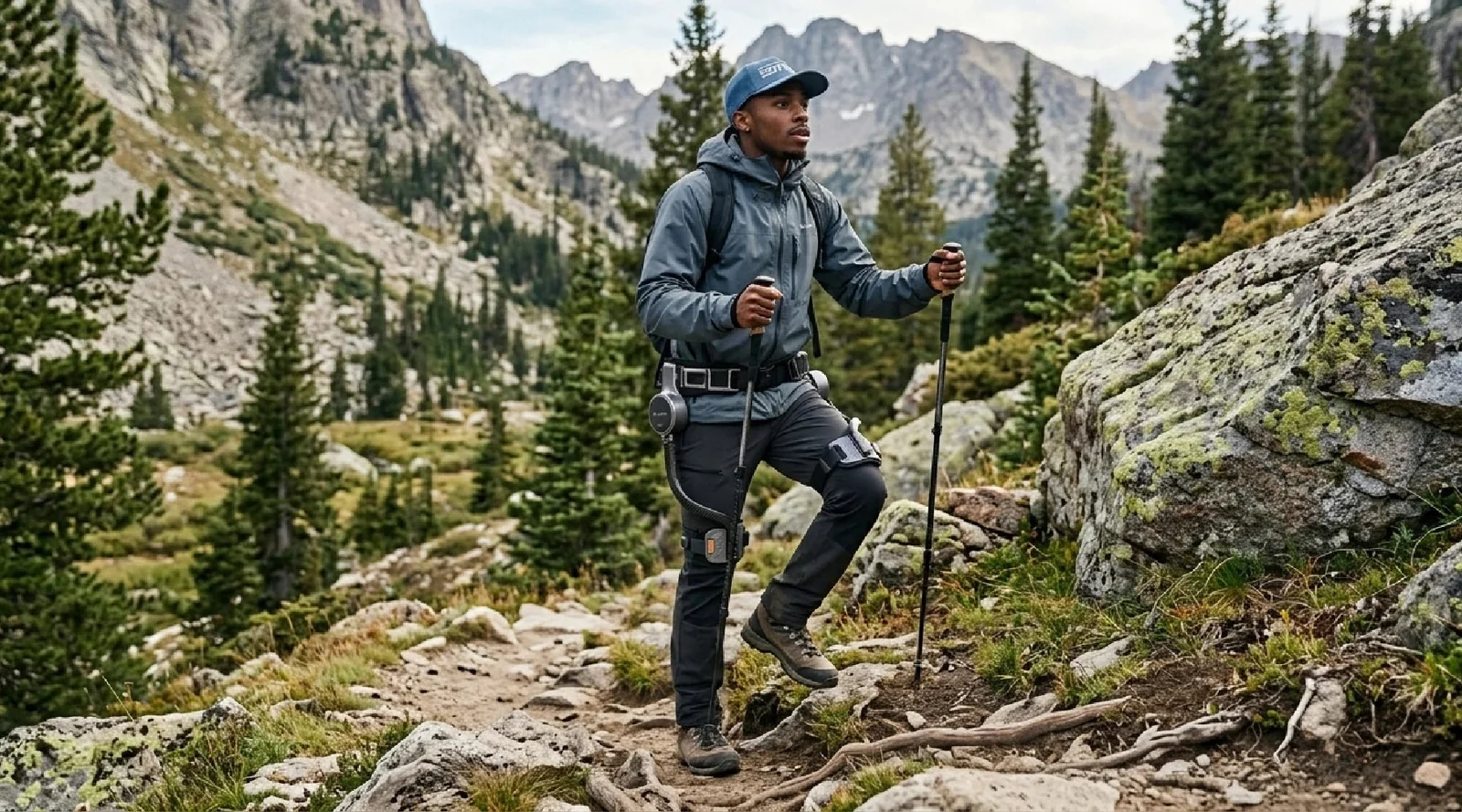 Excursionista con un exoesqueleto de cadera Ascentiz H Ultra mientras camina sobre terreno rocoso de montaña.