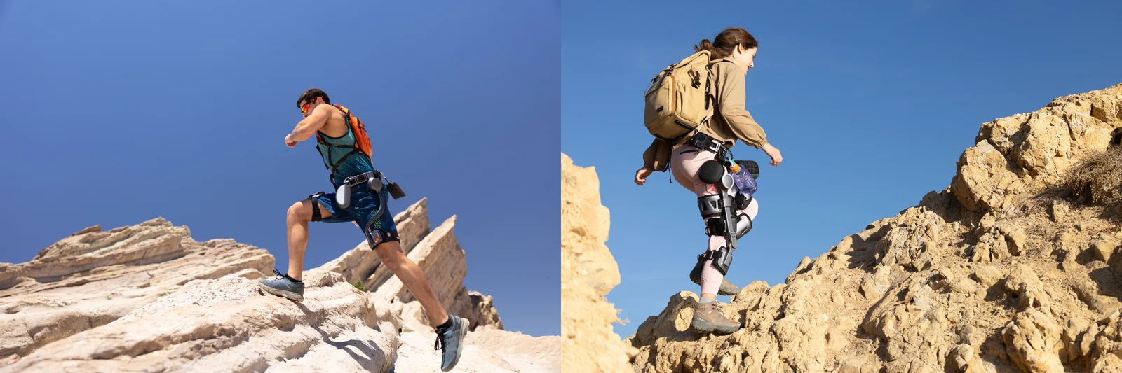 Dos excursionistas usando los módulos de cadera y rodilla Ascentiz en terreno rocoso.