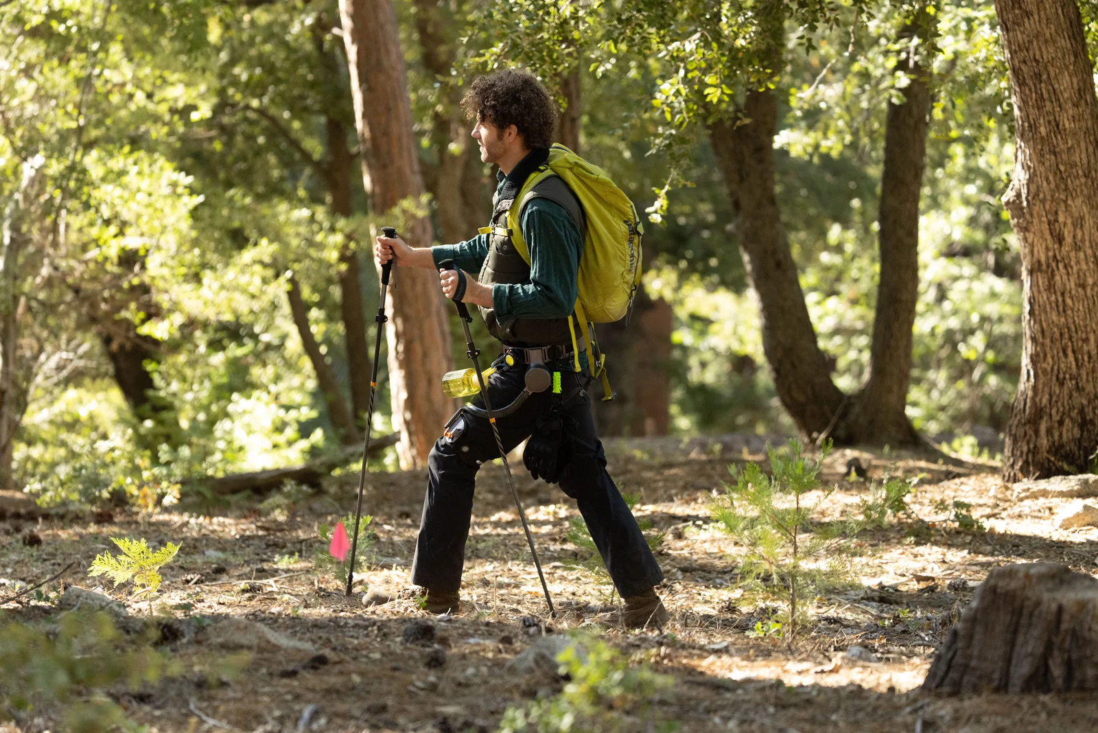Un excursionista con un exoesqueleto de cadera Ascentiz camina por un bosque sendero con bastones de trekking.