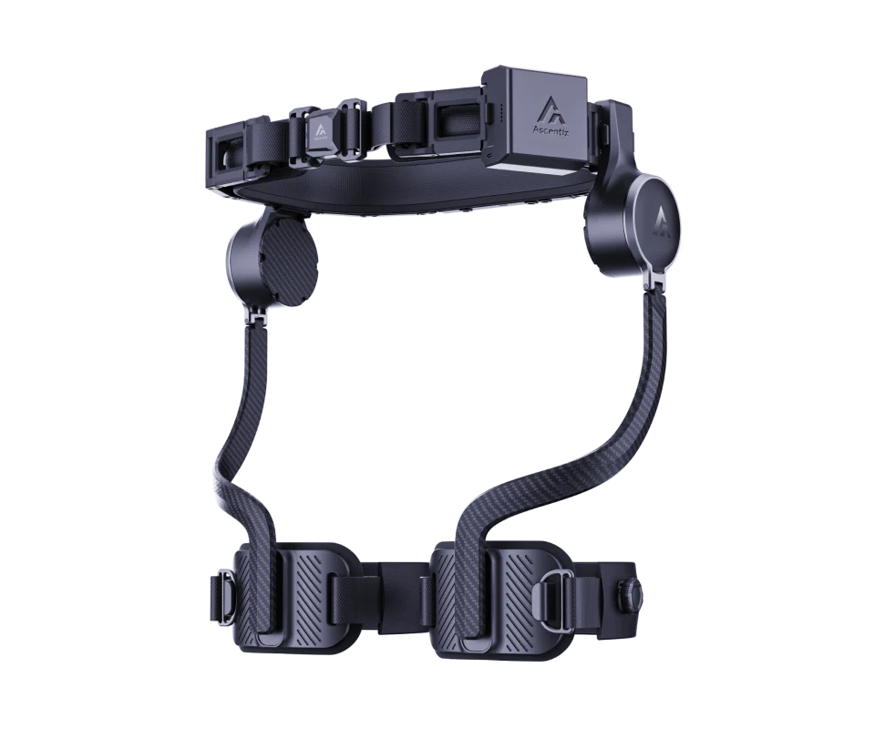 Full studio view of the Ascentiz H Ultra exoskeleton showcasing the waist belt, side mechanical joints, and lightweight carbon fiber leg support frames with thigh cuffs.