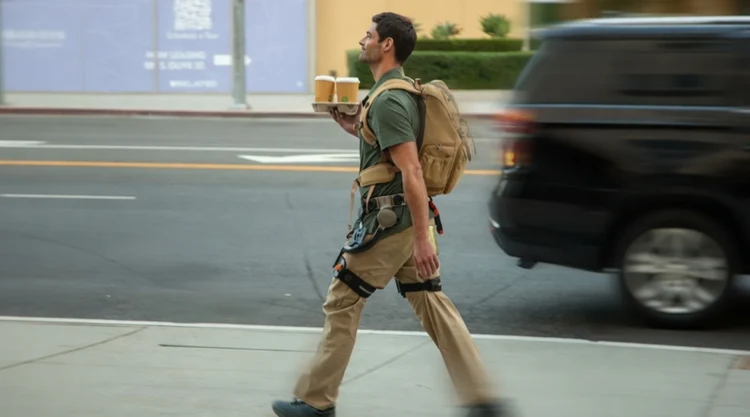 Blog lifestyle image of a delivery worker wearing the Ascentiz hip exoskeleton on a city street, carrying a heavy backpack and drinks, showcasing workplace safety and occupational load-bearing assistance.