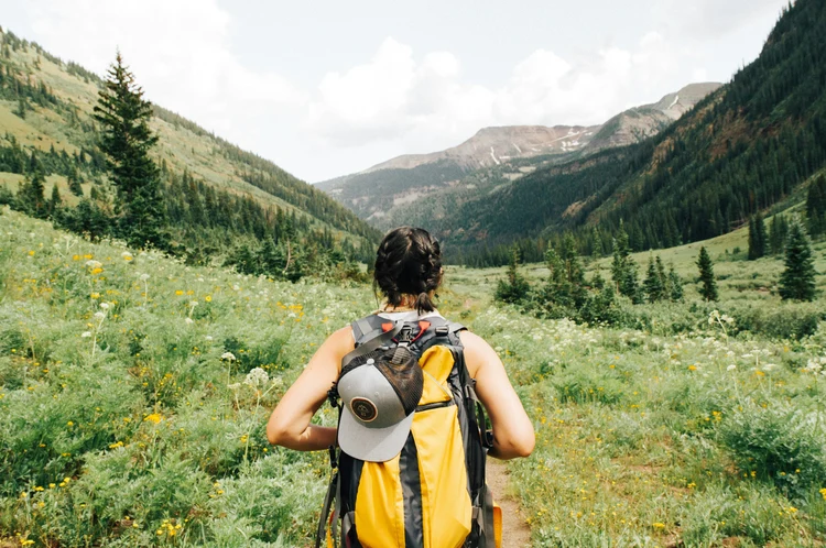 Backpacker with a yellow pack hiking through a wildflower meadow in the mountains.