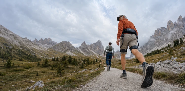 Two hikers traversing an alpine mountain trail, with the foreground hiker wearing the Ascentiz modular hip exoskeleton for walking assistance.